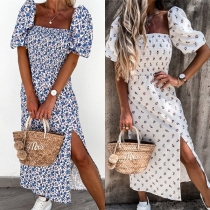 Fresh Style Short Sleeve Square Collar Slit Hem Printed Dress