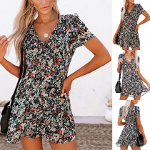 Fashion Short Sleeve V-neck Colorful Printed Dress