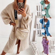Fashion Solid Color Lantern Sleeve Loose Knit Cardigan