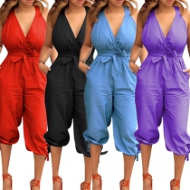Sexy Backless V-neck High Waist Solid Color Halter Jumpsuit