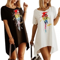 Casual Style Short Sleeve Round Neck Irregular Hem Printed Dress