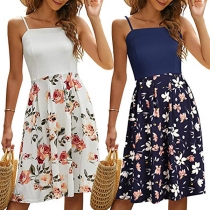 Sexy Backless Printed Spliced Hem High Waist Slim Fit Sling Dress