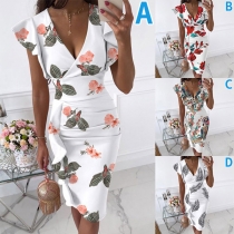 Sexy Deep V-neck High Waist Ruffle Cuff Slim Fit Printed Dress
