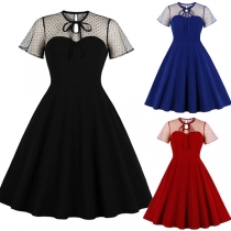 Sexy Dots Gauze Spliced Short Sleeve Round Neck High Waist Dress