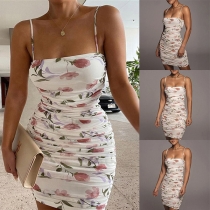 Sexy Backless Slim Fit Sling Printed Wrinkled Dress