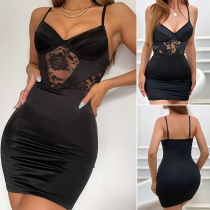 Sexy Backless V-neck See-through Gauze Spliced Slim Fit Sling Dress