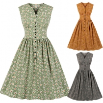 Retro Style Sleeveless V-neck High Waist Printed Dress