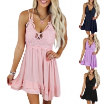 Sexy Backless V-neck Ruffle Hem Lace Spliced Sling Dress