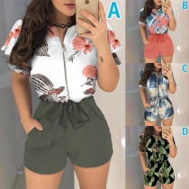 Fashion Short Sleeve Round Neck High Waist Front-zipper Printed Spliced Romper