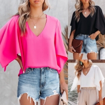 Fashion Solid Color Trumpet Sleeve V-neck Solid Color Loose T-shirt