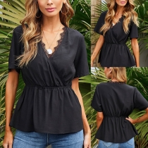 Sexy Lace Spliced V-neck Short Sleeve Elastic Waist Solid Color Top