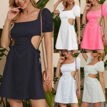 Sexy Backless Side Hollow Out Short Sleeve Square Collar Solid Color Dress