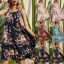 Sexy Backless Ruffle Hem Sling Printed Dress