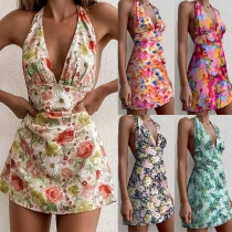 Sexy Backless Deep V-neck High Waist Slim Fit Halter Printed Dress