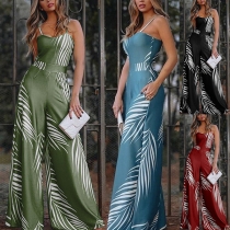 Sexy Backless V-neck High Waist Sling Printed Jumpsuit