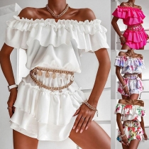 Sexy Ruffle Boat Neck Elastic Waist Cake Hem Printed Dress