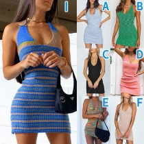 Sexy Backless V-neck Color Gradient Slim Fit Halter Knit Dress