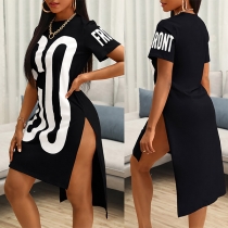 Casual Style Short Sleeve Round Neck High-low Hem Letters Printed T-shirt Dress