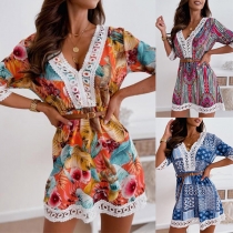 Bohemian Style Half Sleeve V-neck Lace Spliced Printed Dress