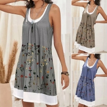 Simple Style Sleeveless Round Neck Mock Two-piece Printed Dress
