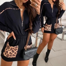 Fashion Leopard Split Front Ficka Långärmad Elastisk Midja Polo Krage Klänning