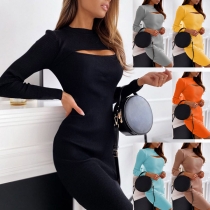 Sexy Long Sleeve Round Neck Slit Hem Slim Fit Hollow Out Dress