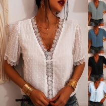 Sexy Lace Spliced Deep V-neck Short Sleeve Solid Color Top
