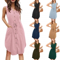 OL Style Sleeveless V-neck Single-breasted Solid Color Dress