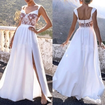 Sexy Backless V-neck Slit Hem See-through Lace Spliced Sling Party Dress