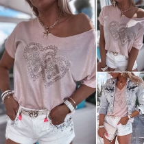 Sweet Style Rhinestone Heart Pattern Short Sleeve Round Neck T-shirt