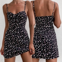 Sexy Backless V-neck Slim Fit Sling Printed Dress
