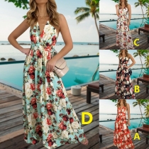 Sexy Backless V-neck High Waist Sling Printed Maxi Dress