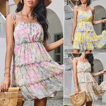 Bohemian Style Backless Ruffle Hem Sling Printed Dress