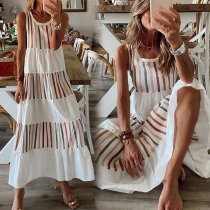 Bohemian Style Sleeveless Round Neck Contrast Color Summer Dress