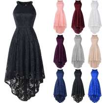 Sexy Off-shoulder High-low Hem Solid Color High Waist Lace Party Dress