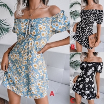 Sexy Off-shoulder Boat Neck Short Sleeve Printed Dress