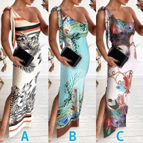 Sexy One-shoulder Slit Hem Sleeveless Slim Fit Printed Party Dress