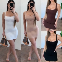Simple Style Sleeveless Backless Square Collar Slim Fit Tank Dress