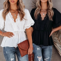 Sexy Lace Spliced Short Sleeve V-neck Solid Color Top