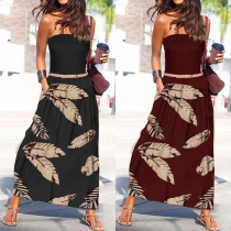 Sexy Strapless High Waist Leaf Printed Hem Summer Dress