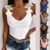 Sexy Backless V-neck Solid Color Lace Spliced Sling Top
