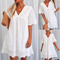 Simple Style Short Sleeve V-neck Loose Dress