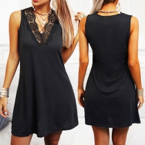 Sexy Lace Spliced V-neck Sleeveless Solid Color Dress