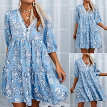 Bohemian Style Half Sleeve V-neck Loose Printed Dress