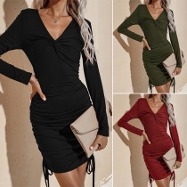 Sexy Twisted V-neck Long Sleeve Side Drawstring Slim Fit Dress