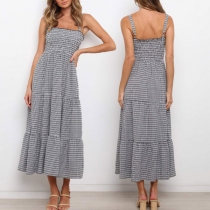 Sexy Backless Elastic Waist High Waist Sling Plaid Dress