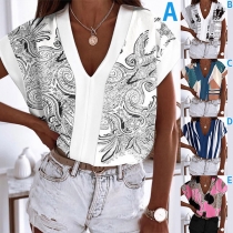 Simple V-neck Short Sleeve V-neck Printed Top