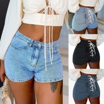 Fashion High Waist Nack Lace-up Slim Fit Denim Shorts (Size falls small)