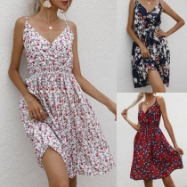 Sexy Backless V-neck High Waist Sling Printed Dress