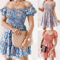 Sweet Style Short Sleeve Square Collar High Waist Printed Cake Dress